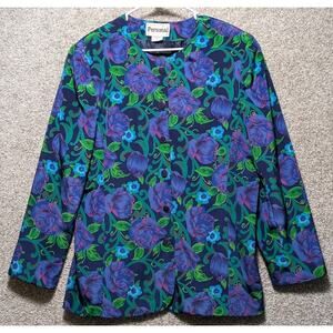 Vintage Personal Womens Size 16 Purple Blue Floral Blazer Long Sleeve Padded